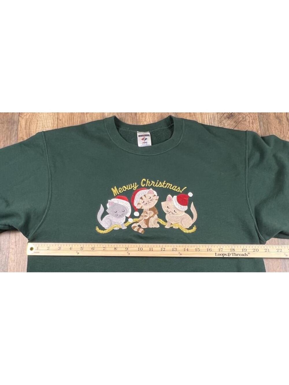 Vintage 90s Cat Meowy Christmas Sweatshirt Stitched Cute Kitty Kitten Playing M - Picture 6 of 8